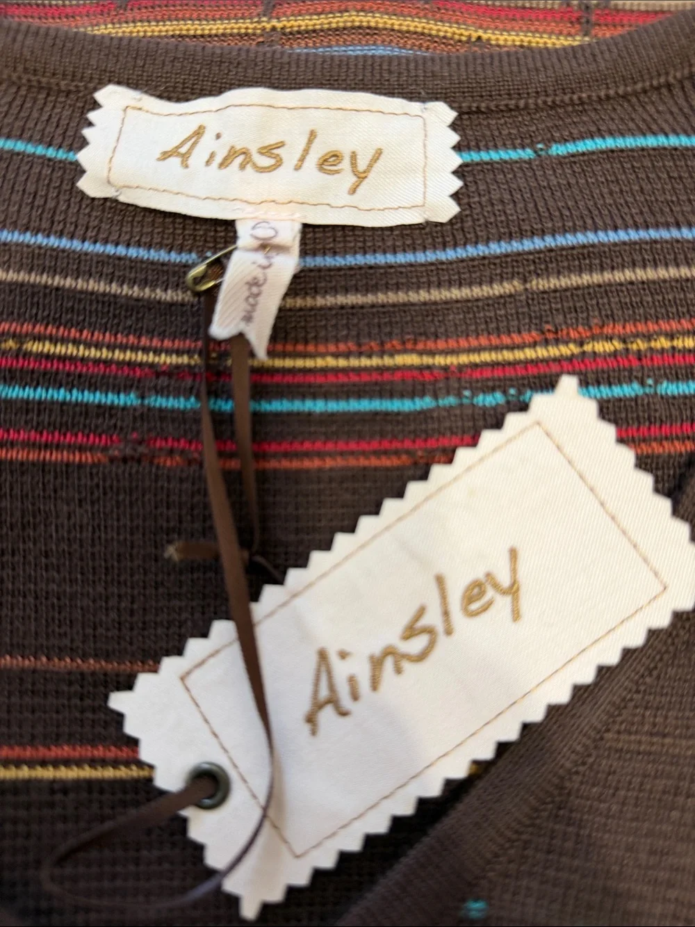 NWT Ainsley Chocolate Brown V-Neck Knit with Colorful Striped Hem